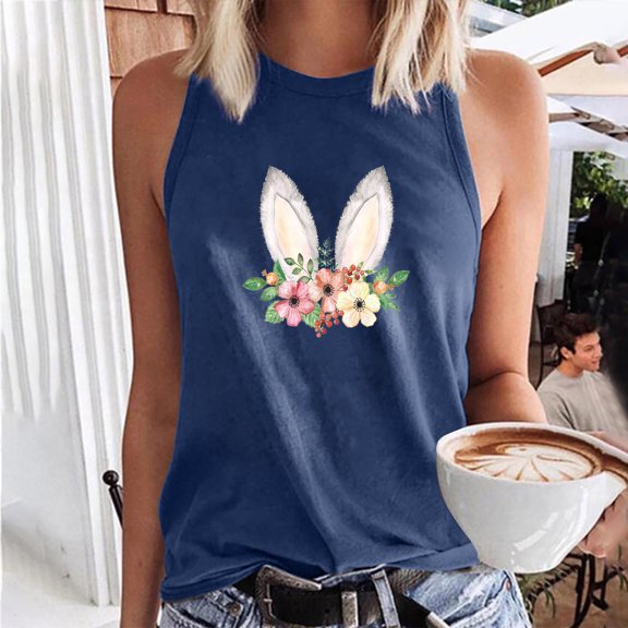 DailyTrove Women's Floral Bunny Tank Top - Polyester Casual & Vacation Wear, Playful for Beach & Brunch