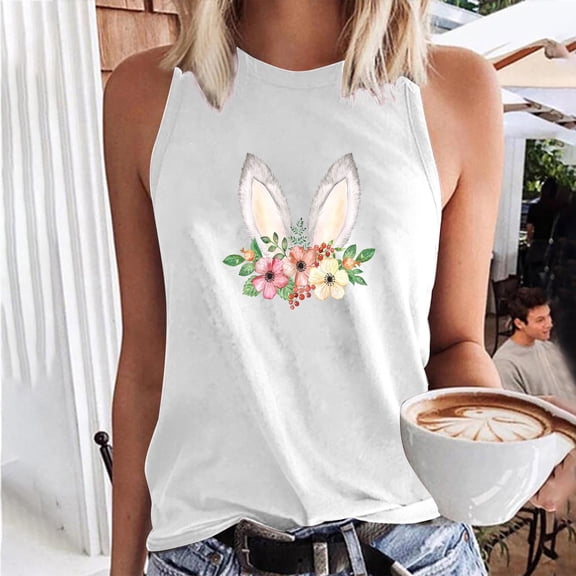 DailyTrove Women's Floral Bunny Tank Top - Polyester Casual & Vacation Wear, Playful for Beach & Brunch