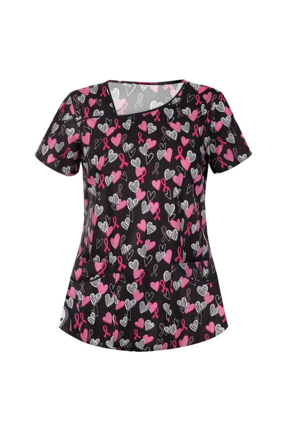 Women's Floral Print Scrub Top - V-Neck Medical Uniform, Cute for Healthcare Work