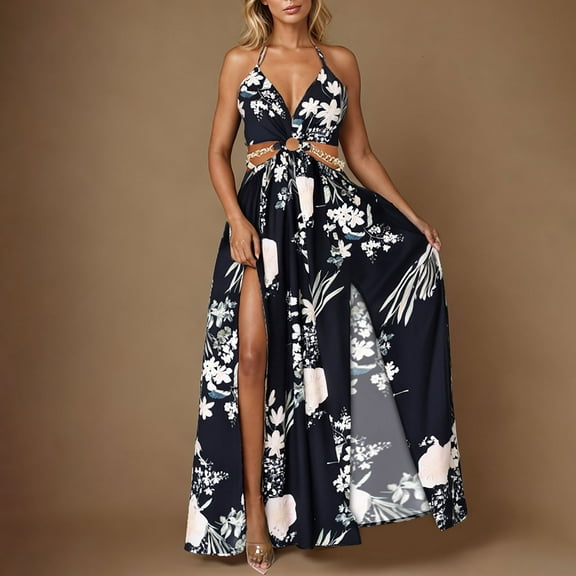 DailyTrove Women's Floral Print Split Maxi Dress-Spaghetti Strap-High-Slit-Rayon-for Beach Vacation/Resort Wear-Bohemian Floral Print