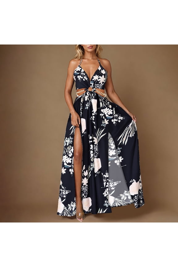 Women's Floral Print Split Maxi Dress-Spaghetti Strap-High-Slit-Rayon-for Beach Vacation/Resort Wear-Bohemian Floral Print