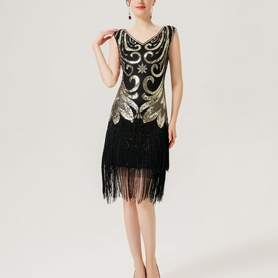 DailyTrove Women's Fringe Flapper Dress-Sleeveless-Midi-Polyester-for 1920s Party/Costume Event-Vintage Fringe