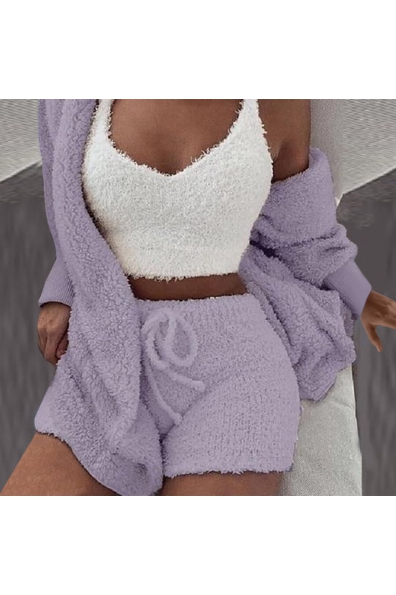 Women's Fuzzy Warm Sherpa Fleece 3 Piece Outfit Fleece Coat Jacket Outwear and Spaghetti Strap Crop Top Shorts Set,Purple
