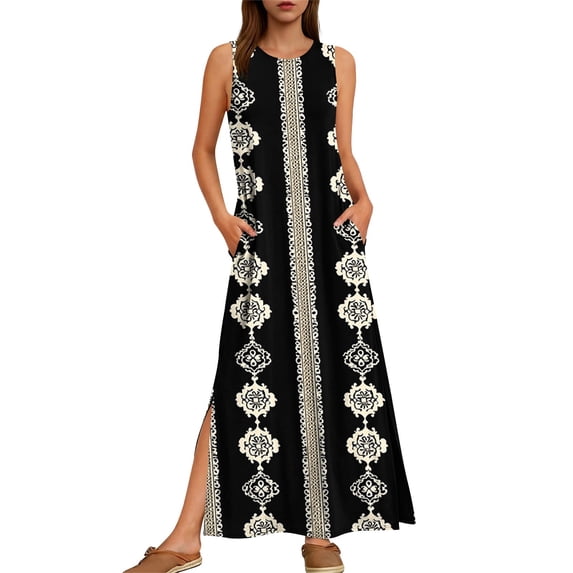 DailyTrove Women's Geometric Polka Dot Print Sleeveless Swim Cover Up Maxi Dress - Stylish Beachwear & Resort Wear