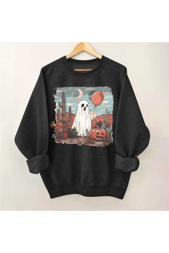 Women's Ghost Print Long - Sleeve Sweatshirt, Comfortable Fit, Cozy Material, Halloween & Casual Occasions