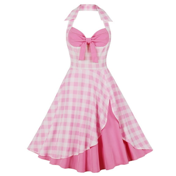 DailyTrove Women's Gingham Swing Dress-Halter Neck-Fit & Flare-Cotton Blend-for Picnic/Retro Event-Cute Gingham Pattern