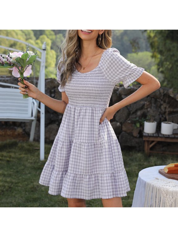 Women's Gingham Swing Dress-Short Sleeve-Fit & Flare-Cotton-for Garden Party/Summer Outing-Classic Gingham