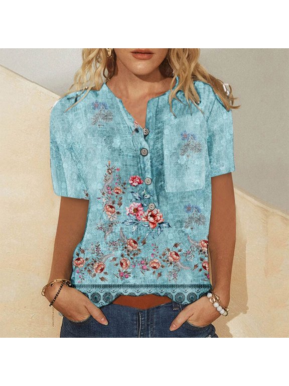 Women's Gradient Floral Print Short Sleeve Blouse - Casual Loose Top, Artistic for Gallery Visits & Daily