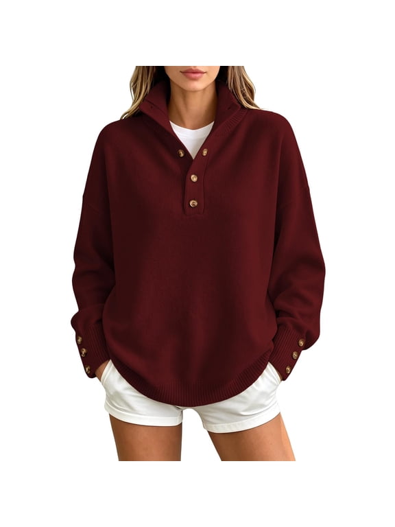 Women's Half Button Mock Neck Long Sleeve Loose Casual Knit Pullover Sweater