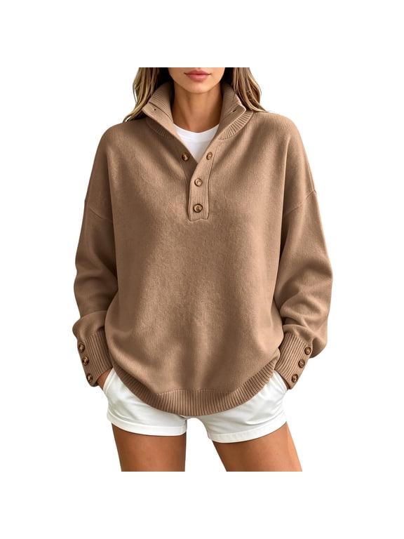 Women's Half Button Mock Neck Long Sleeve Loose Casual Knit Pullover Sweater