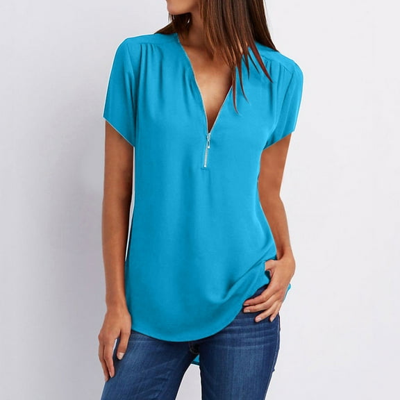 DailyTrove Women's Half-Zip Short Sleeve Blouse - Casual Loose Top, Versatile for Work & Daily