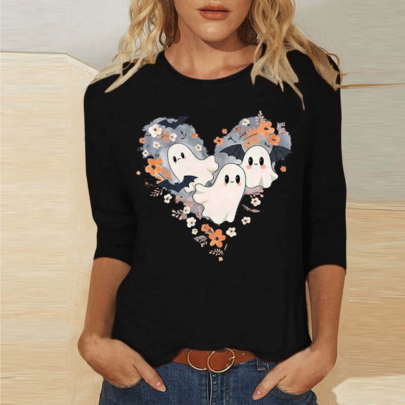 DailyTrove Women's Halloween Long - Sleeve Shirt, Ghost & Pumpkin Pattern Print, Classic Fit, Breathable Fabric, Halloween Events & Casual Outings