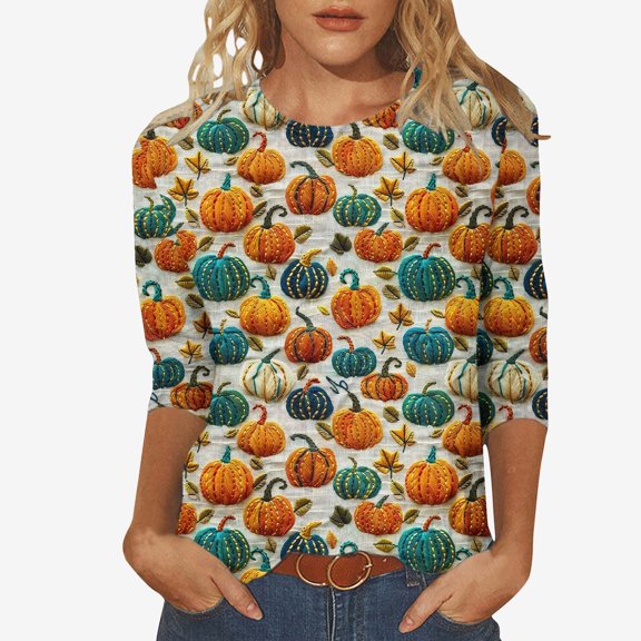 DailyTrove Women's Halloween Long Sleeve Shirt, Pumpkin Pattern Print, Classic Fit, Comfortable Fabric, Halloween Parties & Daily Casual