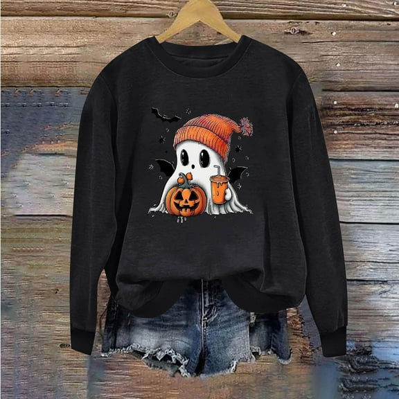 DailyTrove Women's Halloween Long - Sleeve Shirt, Skeleton Pumpkin Print, Classic Fit, Breathable Fabric, Halloween Events & Casual Outings