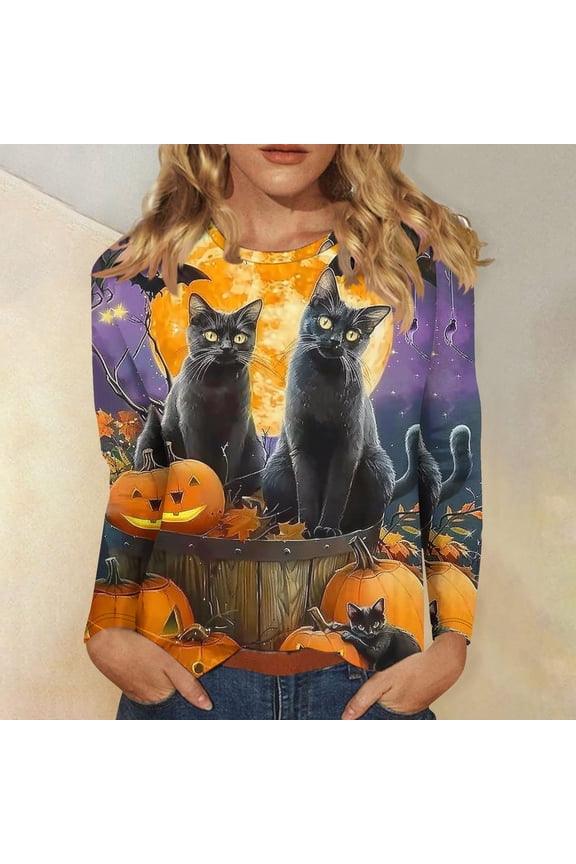 Women's Halloween Long - Sleeve Sweatshirt, Black Cat & Pumpkin Print, Relaxed Fit, Soft Material, Halloween Parties & Casual Wear