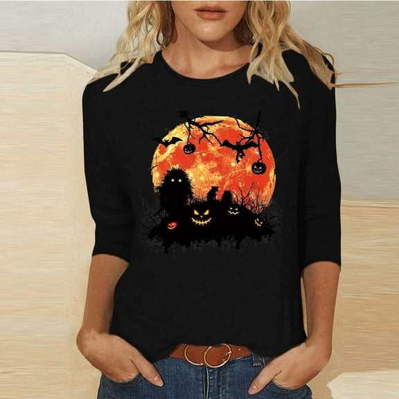 DailyTrove Women's Halloween Long - Sleeve Sweatshirt, Witch Silhouette Print, Trendy Fit, Breathable Material, Halloween Occasions & Casual Outings