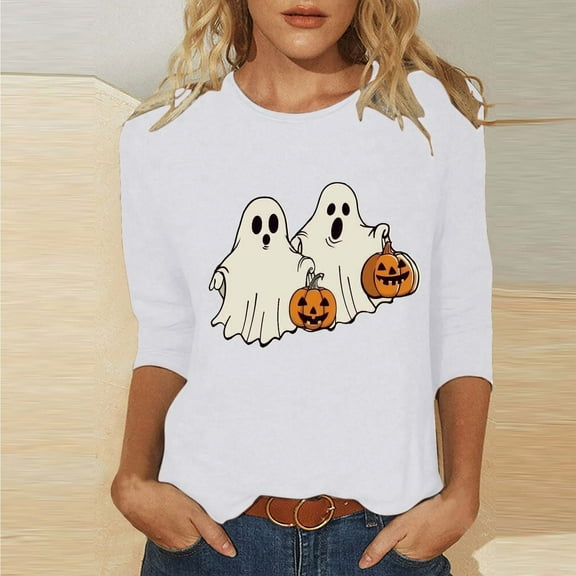 DailyTrove Women's Halloween Long - Sleeve Top, Ghost & Pumpkin Print, Casual Fit, Soft Fabric, Halloween Parties & Daily Casual