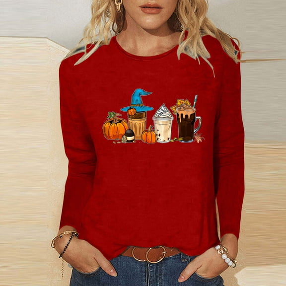 DailyTrove Women's Halloween Long Sleeve Top, Pumpkin Lantern Print, Cute Style, Soft Material, Halloween Celebrations & Daily Casual