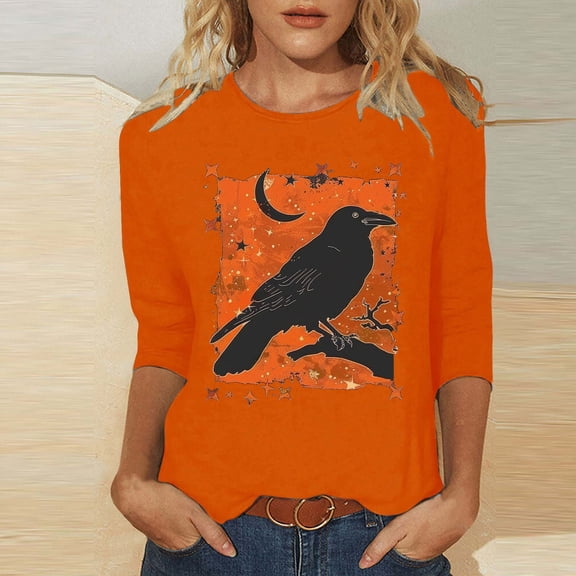 DailyTrove Women's Halloween Long - Sleeve Top, Raven & Pumpkin Print, Regular Fit, Durable Material, Halloween Fun & Daily Use
