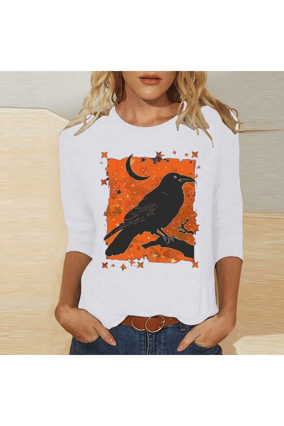Women's Halloween Long - Sleeve Top, Raven & Pumpkin Print, Regular Fit, Durable Material, Halloween Fun & Daily Use