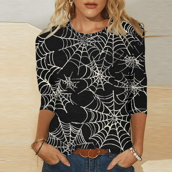 DailyTrove Women's Halloween Long Sleeve Top, Spider Web Print, Casual Fit, Soft Fabric, Halloween Parties & Daily Wear