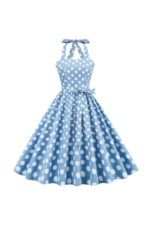 Women's Halter Neck Swing Dress-Fit & Flare-Cotton Blend-for Picnic/Retro Event-Polka Dot Pattern