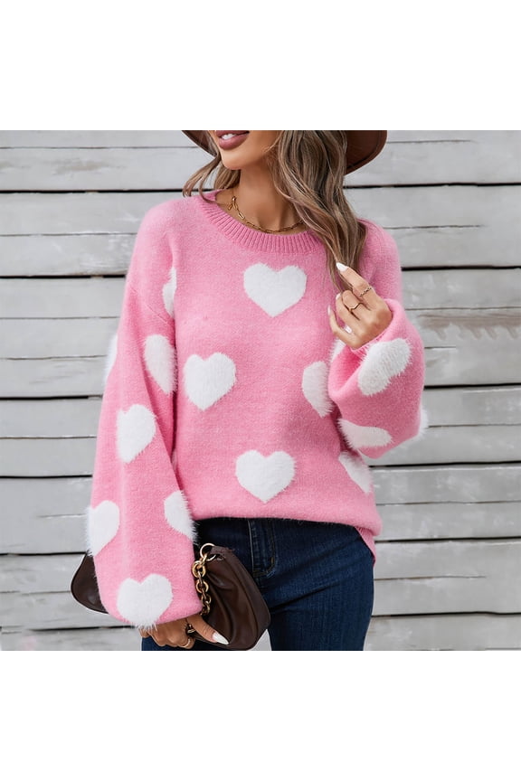 Women's Heart Print Knit Sweater, Casual Beach & Festival Wear, Soft Rayon Blend, Ruffled Hem, Plus Size Friendly
