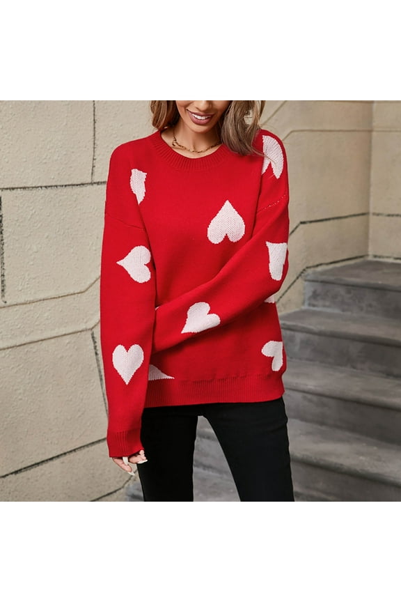 Women's Heart Print Knit Sweater, Casual Weekend & Date Wear, Soft Wool Blend, Ruffled Hem, Plus Size Friendly