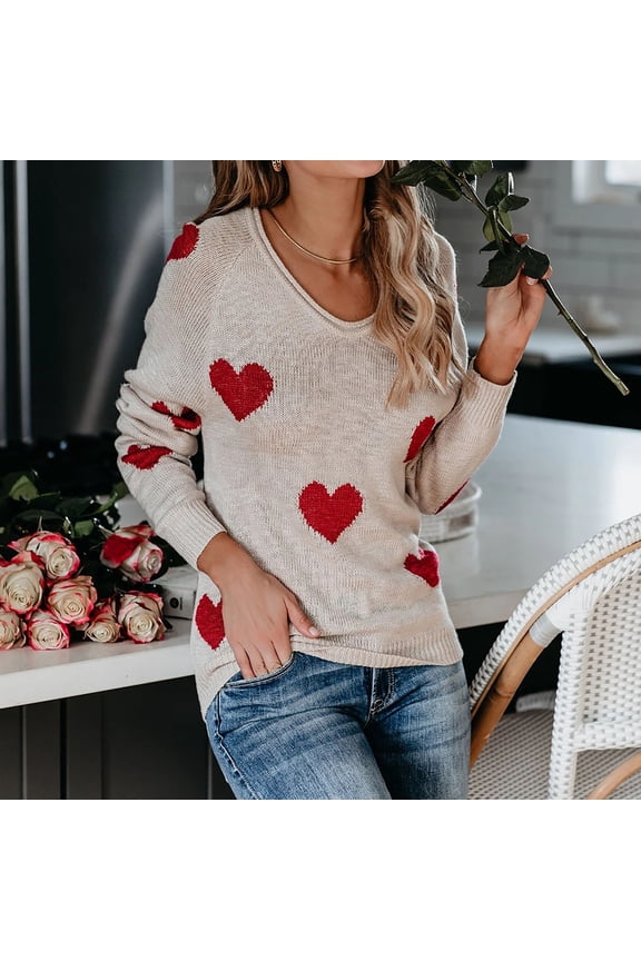 Women's Heart Print Knit Sweater, Long Sleeve, Casual Garden & Brunch Wear, Soft Cotton Blend, Contrast Hem, Plus Size Friendly