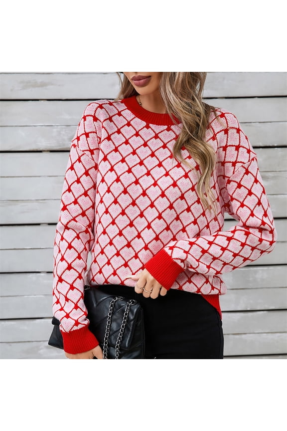 Women's Heart Print Knit Sweater, Long Sleeve, Casual Weekend & Date Wear, Soft Wool Blend, Contrast Trim, Plus Size Friendly