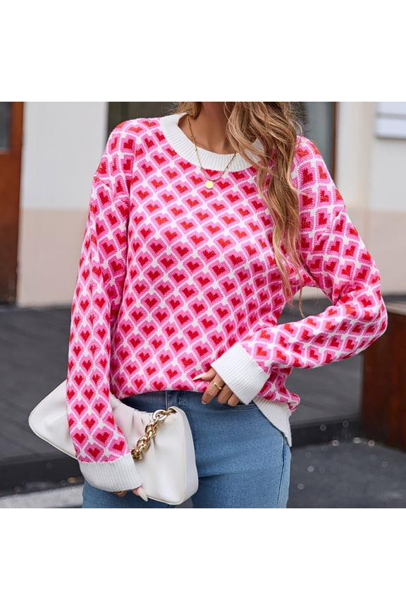 Women's Heart Print Knit Sweater, Long Sleeve, Casual Weekend & Date Wear, Soft Wool Blend, Contrast Trim, Plus Size Friendly