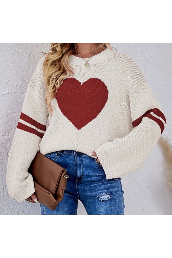 Women's Heart Print Knit Sweater, Long Sleeve, Casual Weekend & Festival Wear, Warm Cotton Blend, Plus Size Friendly