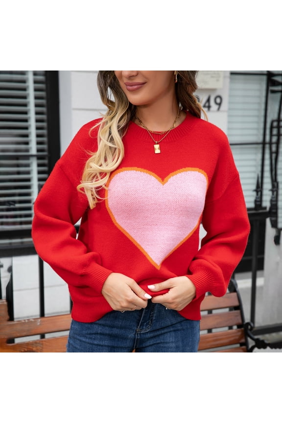 Women's Heart Print Sweater, Long Sleeve, Casual Date & Festival Wear, Soft Wool Blend, Plus Size Friendly