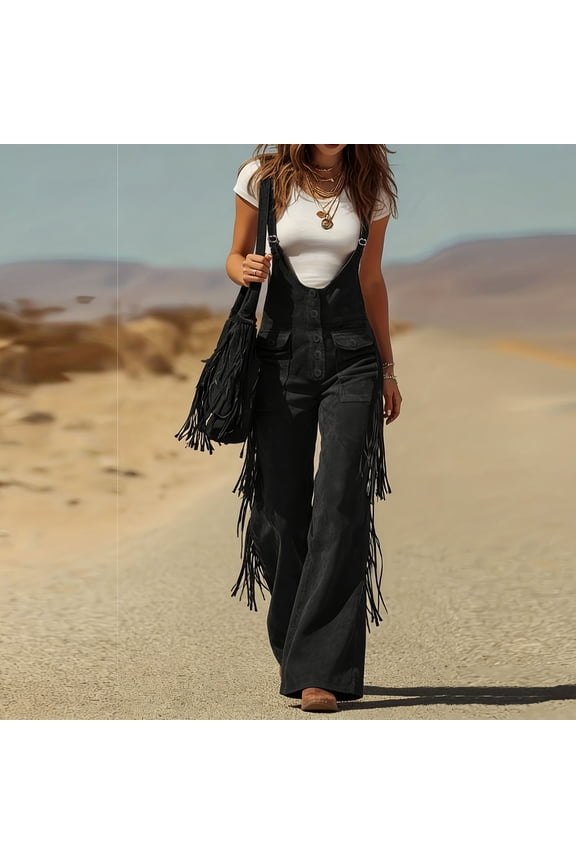 Women's High Waisted Faux Suede Fringe Pants - Boho Western Style Pants for Fall & Weekend Outings