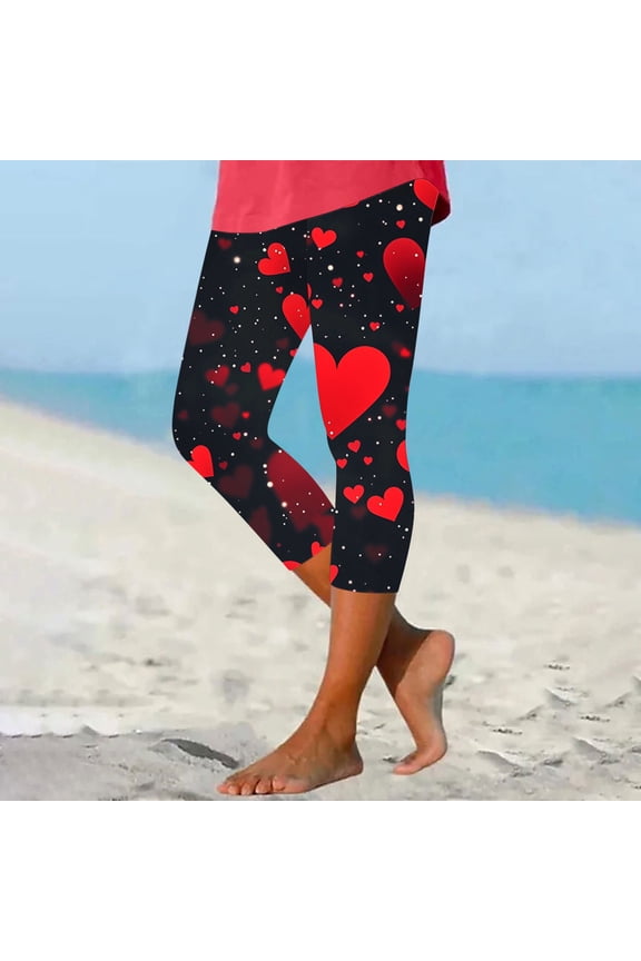 Women's High Waisted Heart Print Leggings - Tummy Control Stretch Pants for Valentine's Day & Casual Wear
