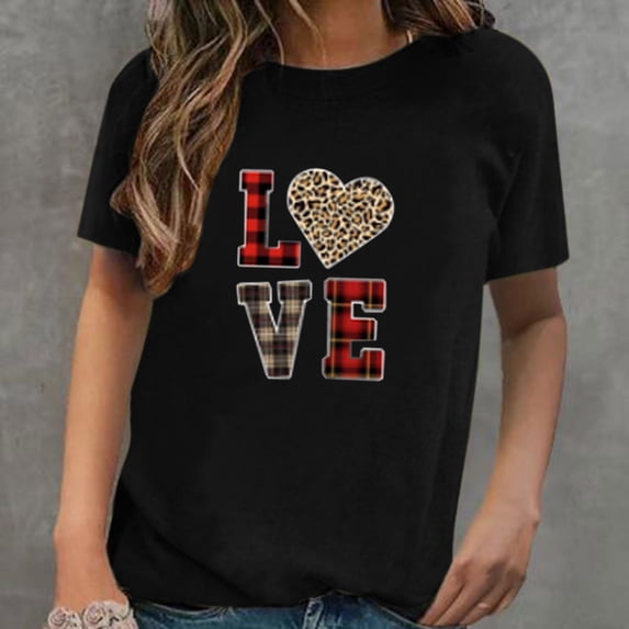 DailyTrove Women's "LOVE" Letter & Heart Graphic T-Shirt - Short Sleeve Casual Tee, Romantic for Dates & Gatherings