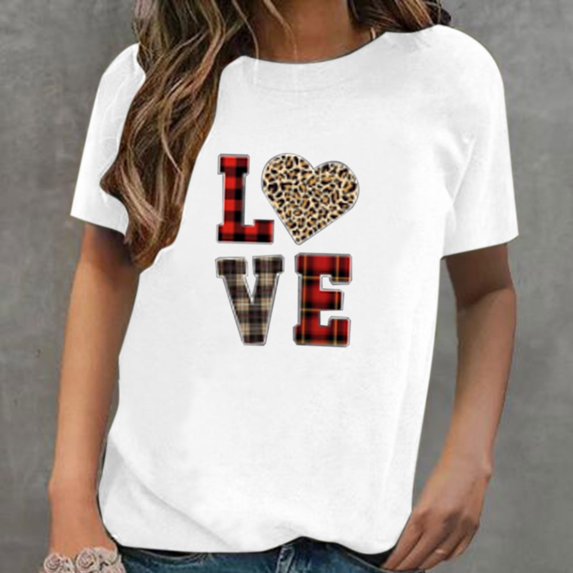 DailyTrove Women's "LOVE" Letter & Heart Graphic T-Shirt - Short Sleeve Casual Tee, Romantic for Dates & Gatherings