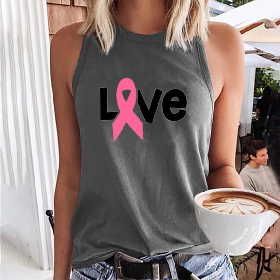 DailyTrove Women's "LOVE" Pink Ribbon Tank Top - Polyester Casual & Awareness Wear, Meaningful for Events