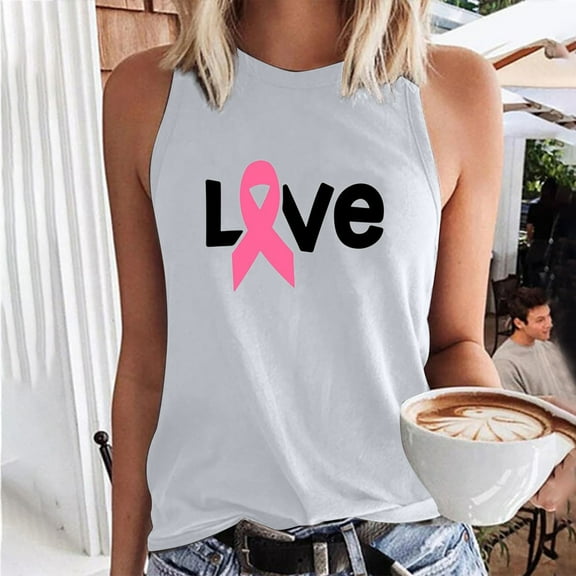 DailyTrove Women's "LOVE" Pink Ribbon Tank Top - Polyester Casual & Awareness Wear, Meaningful for Events