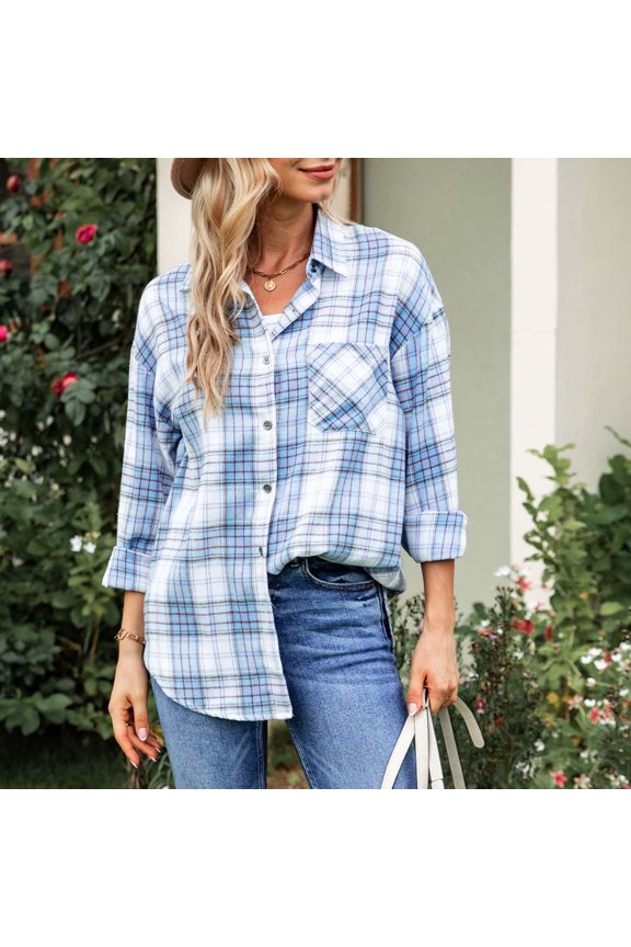 Women's Light Blue Plaid 3/4 Sleeve Shirt, Casual Outerwear for Spring/Summer Daily Errands & Brunch Dates for women