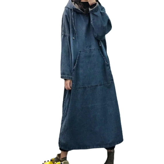 DailyTrove Women's Long Denim Dress, Long Sleeve, Casual Outdoor & Travel Wear, Durable Cotton Blend, Plus Size Friendly