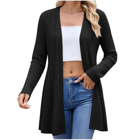 DailyTrove Women's Long Knit Cardigan Open Front Vertical Ribbed Textured Casual Cardigan Sweater for Layering