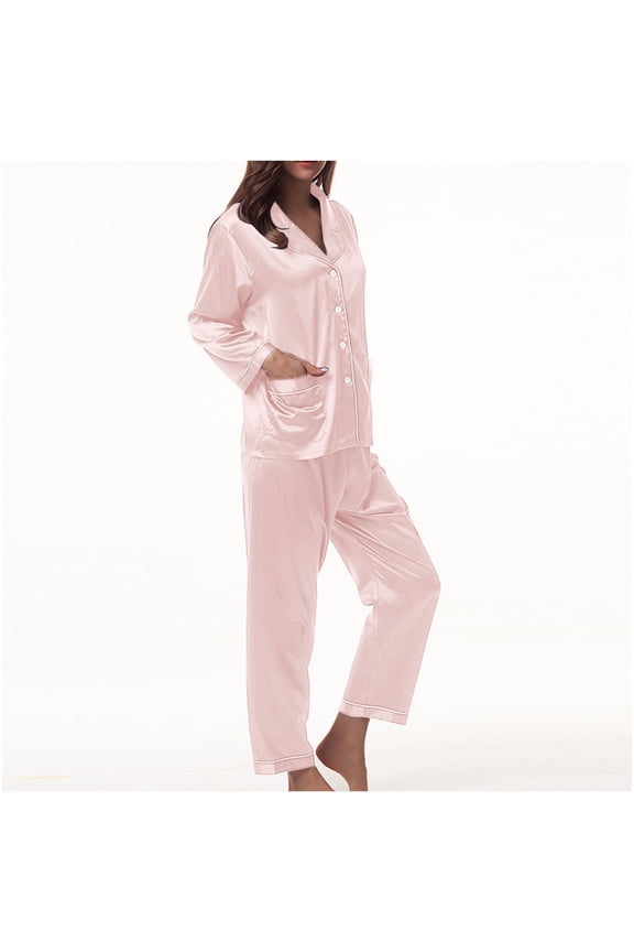 Women's Long Sleeve Button-Front Pajama Set - Solid Color, Soft Fabric, Casual Daily & Sleep Wear,Watermelon Red