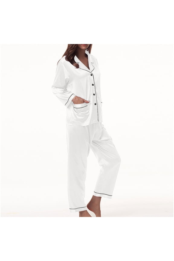 Women's Long Sleeve Button-Front Pajama Set - Solid Color, Soft Fabric, Casual Daily & Sleep Wear,White