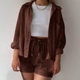 thumbnail image 1 of DailyTrove Women's Long Sleeve Button-Front Shacket & Short Set - Solid Color, Casual Style, Spring & Street Wear,Coffee, 1 of 4