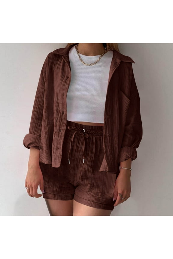 Women's Long Sleeve Button-Front Shacket & Short Set - Solid Color, Casual Style, Spring & Street Wear,Coffee
