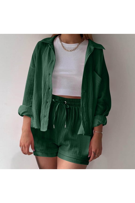 Women's Long Sleeve Button-Front Shacket & Short Set - Solid Color, Casual Style, Spring & Street Wear,Green