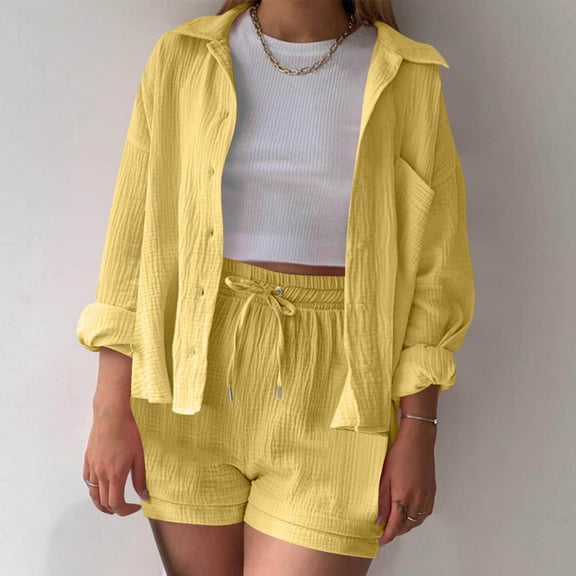 DailyTrove Women's Long Sleeve Button-Front Shacket & Short Set - Solid Color, Casual Style, Spring & Street Wear,Yellow
