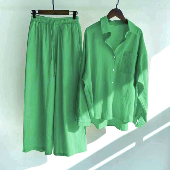 DailyTrove Women's Long Sleeve Button-Front Shirt & Midi Skirt Set - Solid Color, Classic Style, Casual Daily & Work Wear,Green