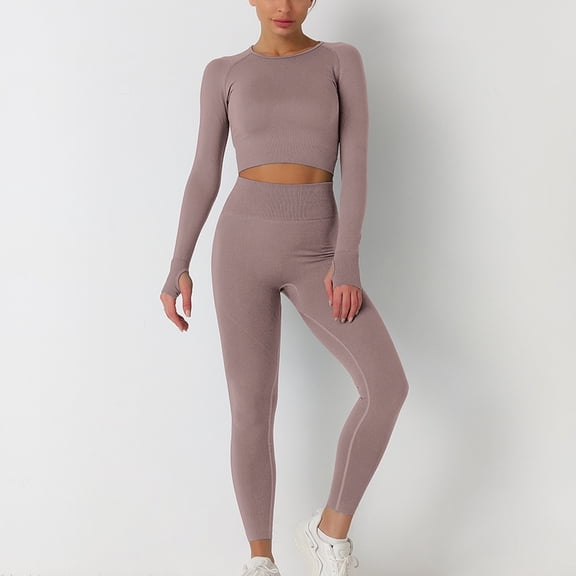 DailyTrove Women's Long Sleeve Crew Neck Crop Top & Legging Set - Solid Color, Slim Fit, Gym & Casual Wear,Coffee